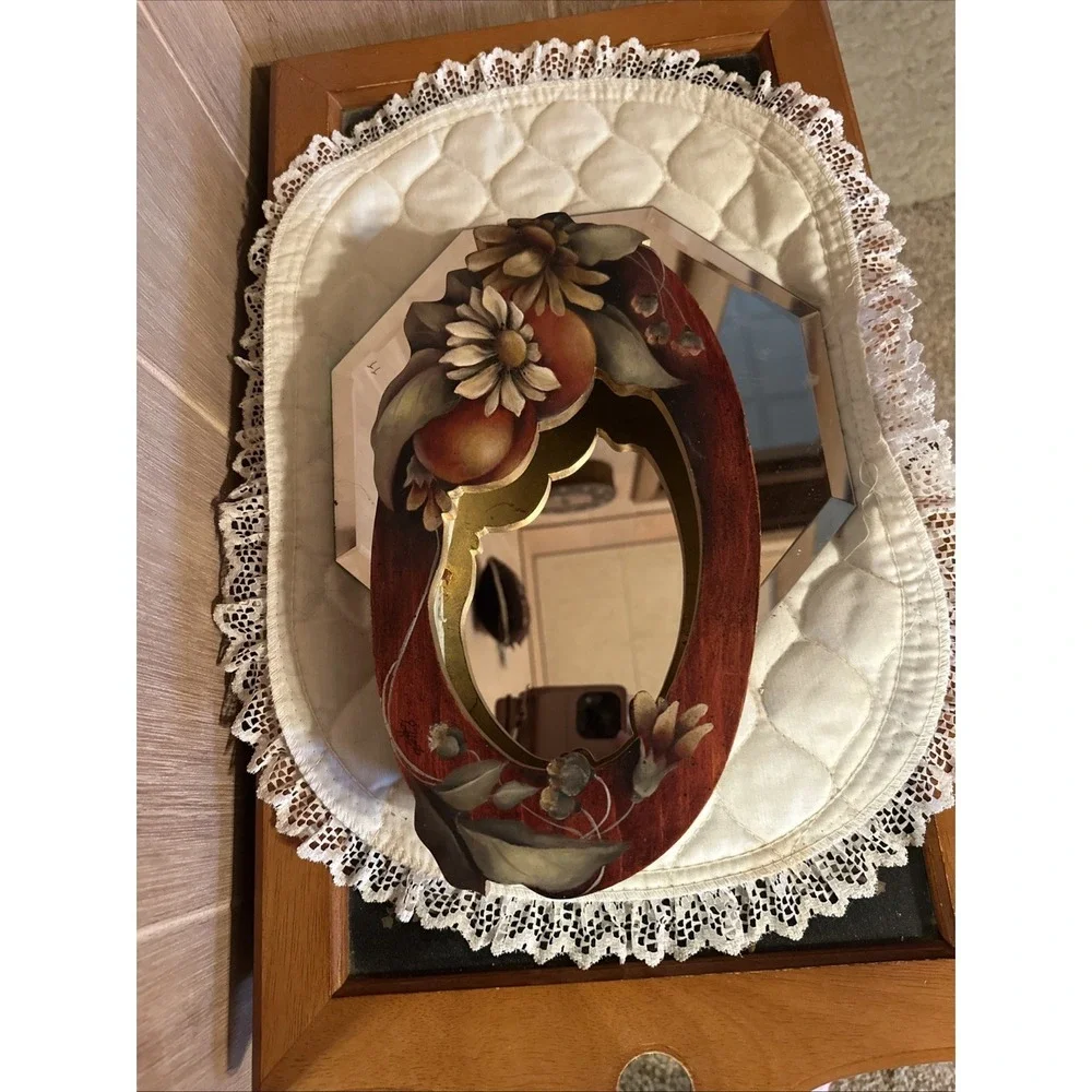 vintage wood shadow box with‎ mirror Hand painted Flower And Fruit Motif